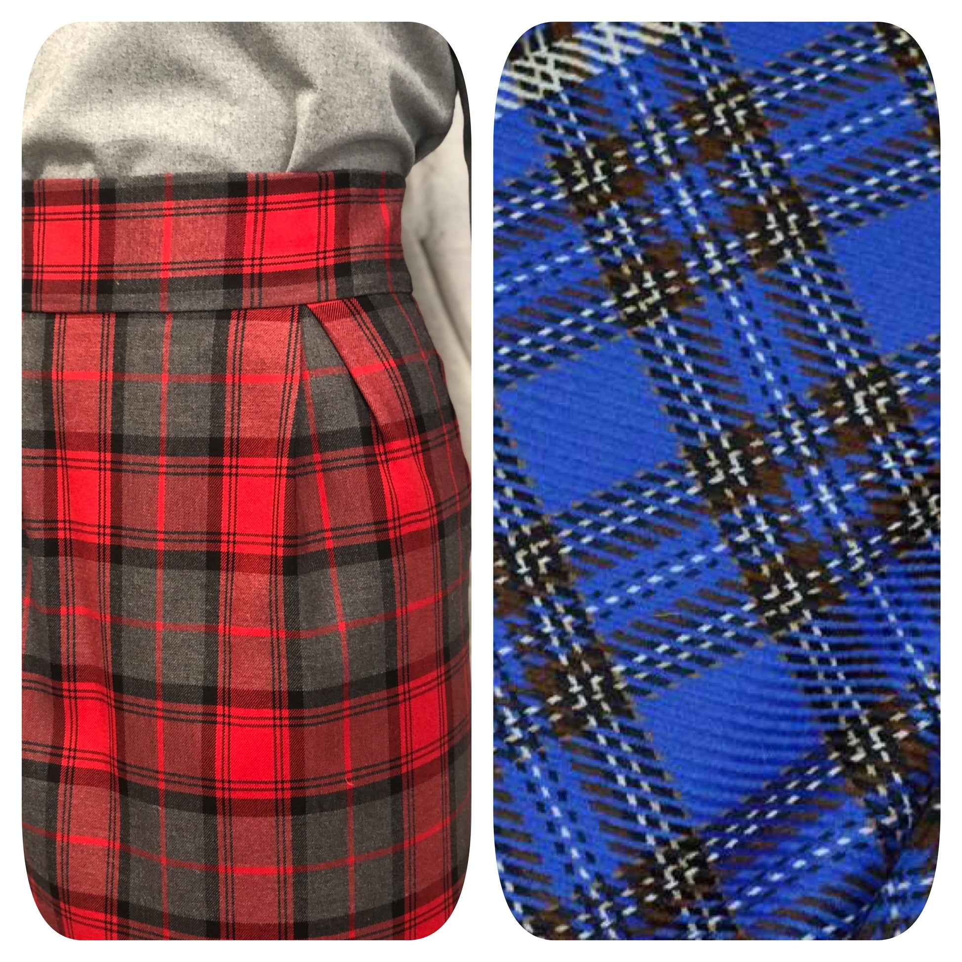 Gonna tubino con pence aperte in stile fifties tessuto pura lana Tartan bluette