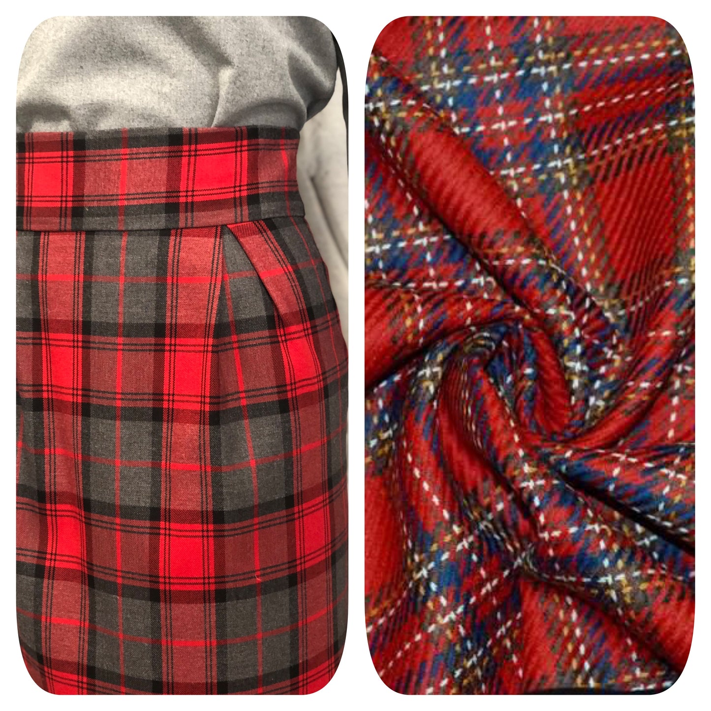 Gonna tubino con pence aperte in stile fifties tessuto pura lana Tartan rosso