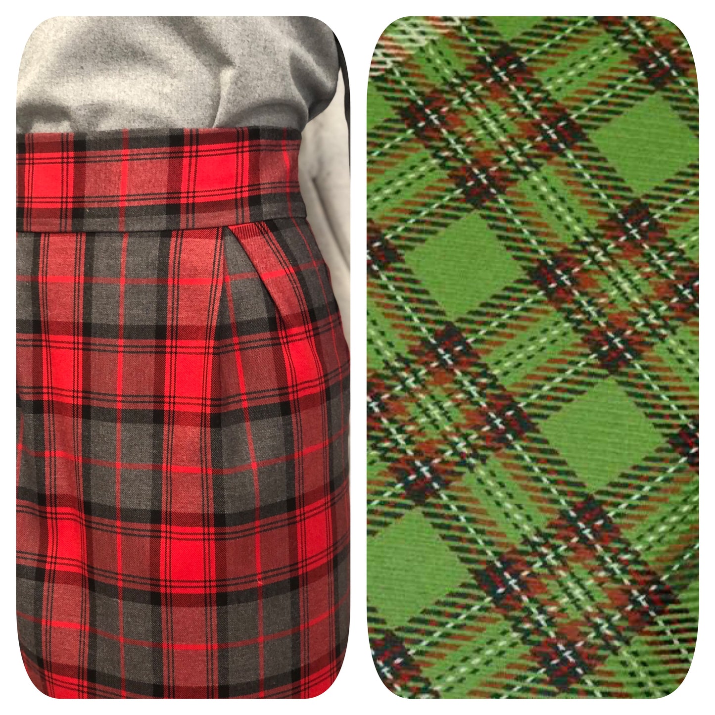 Gonna tubino con pence aperte in stile fifties tessuto pura lana Tartan verde chiaro